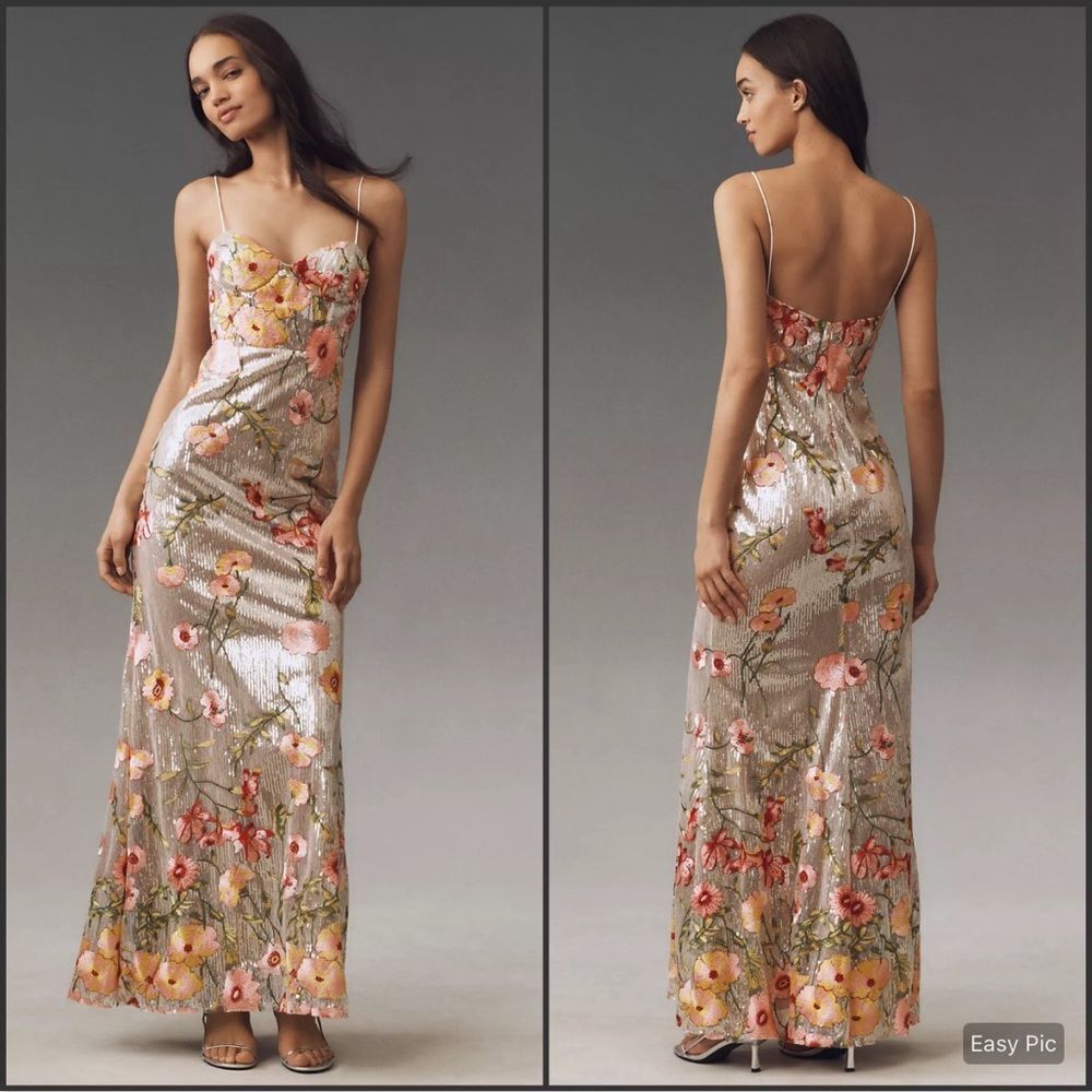 Mac Duggal 68896 Silver Sleeveless Bustier Floral Applique Gown